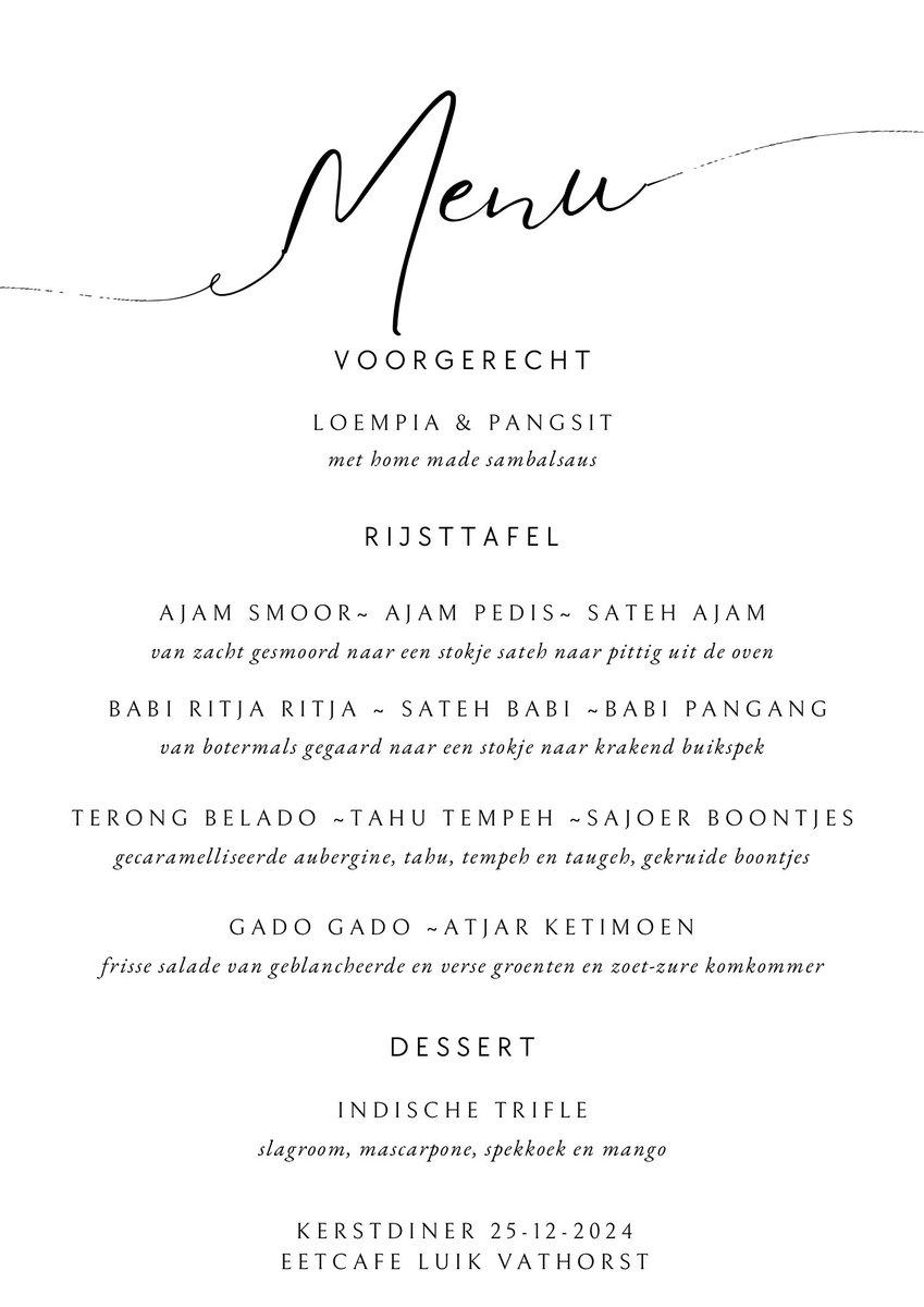 YvetteLuikinga's tweet photo. Nou mensen, dit wordt het dus!
#kerstmenu #rijsttafel #indofood #amersfoort https://t.co/fAismA6xEc