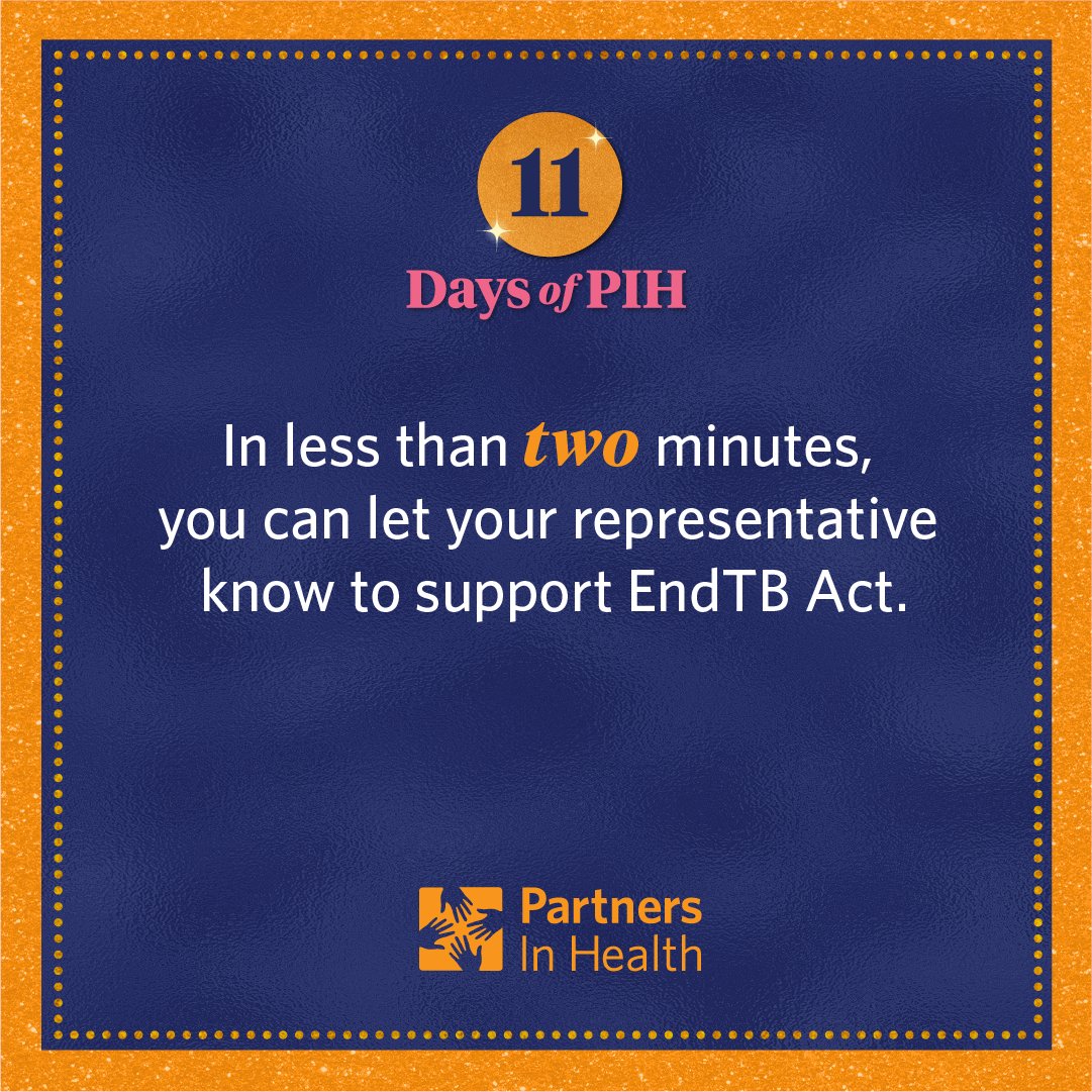 📣 On the second day of PIH, we’re inviting YOU to take action! In less than two minutes, you can contact your rep and urge them to support the End TB Act.

Together, we can make strides in ending one of the world’s deadliest diseases. 

Take action today: act.pih.org/end-tb-now-act…