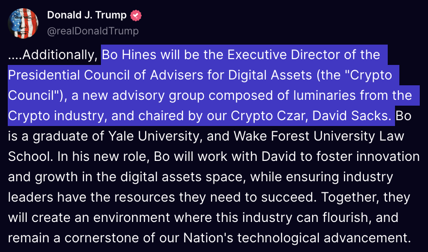 blocktrainer's tweet photo. Soeben hat @realDonaldTrump bekannt gegeben, dass der Politiker und ehemalige Football-Spieler @BoHines den neuen #Krypto-Beirat leiten wird. 🇺🇸

Mit dem KI- &amp; Krypto-Czar @DavidSacks soll er ein Umfeld schaffen, in dem sich die Industrie rund um #BTC und Co. entfalten kann. 🔥 https://t.co/WJZ5t5J0JK