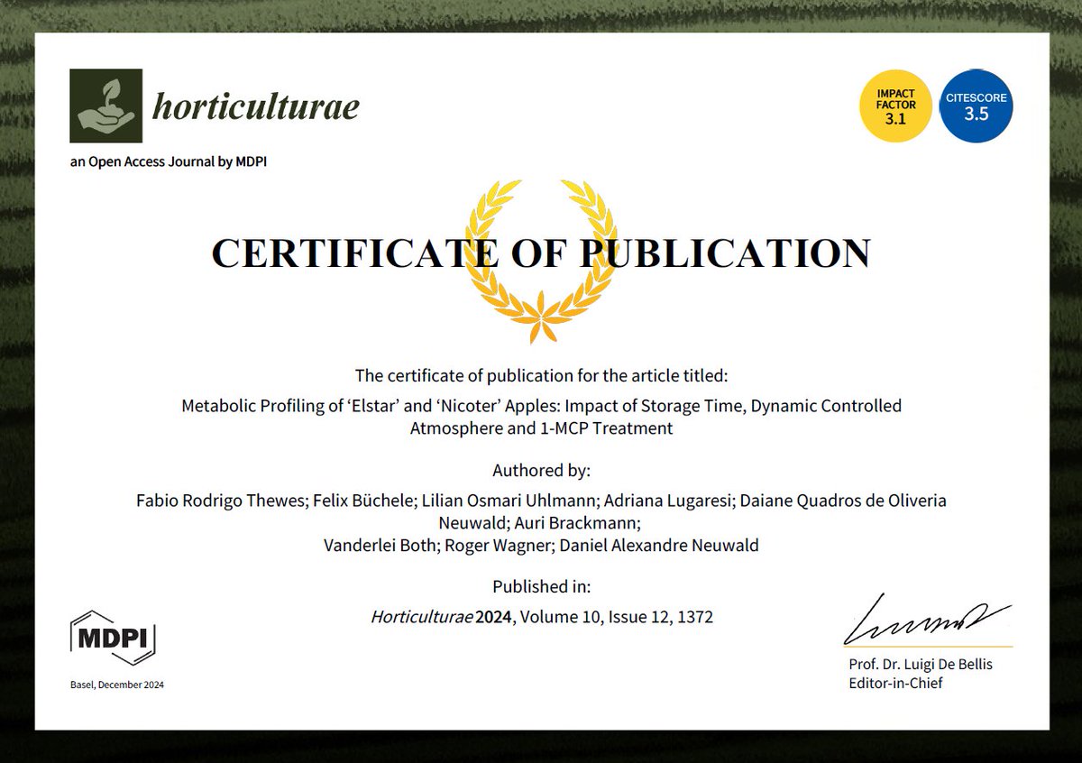Nacherntephysi1's tweet image. 👏 Grateful for our amazing co-authors:
@Felix Büchele, @Lilian Osmari Uhlmann, @Adriana Lugaresi, @Daiane Quadros de Oliveira Neuwald, @Auri Brackmann, @Vanderlei Both and @Roger Wagner
#ScientificResearch #Horticulture #AppleScience #PostHarvest #FruitQuality #Collaboration
