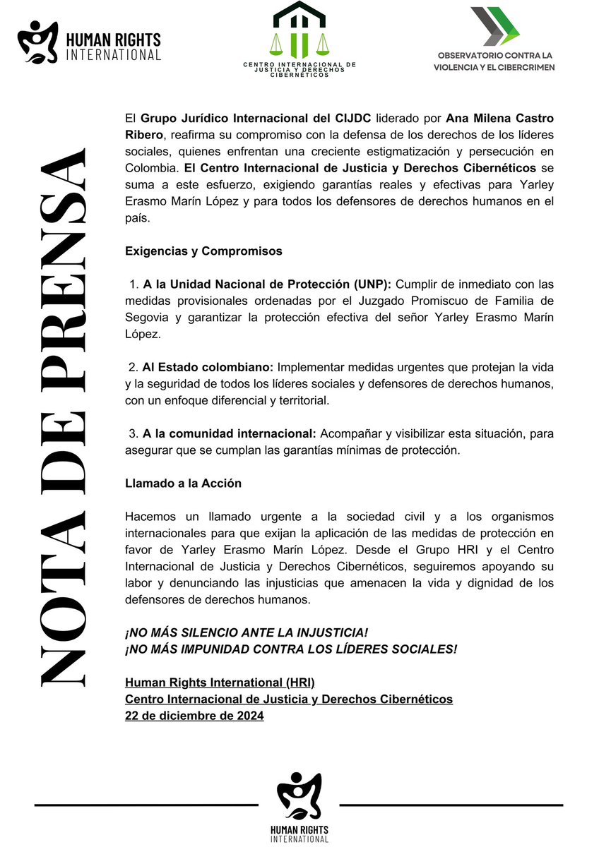 HRI_ONG's tweet photo. Rechazamos la estigmatización y el incumplimiento de medidas de protección hacia Yarley Erasmo Marín López, líder social y defensor de DDHH. 

Desde @HRI_ONG y el @CIJDC_HRI, seguimos apoyando su causa y denunciando la negligencia de la @UNPColombia https://t.co/7j4KbaCn6u