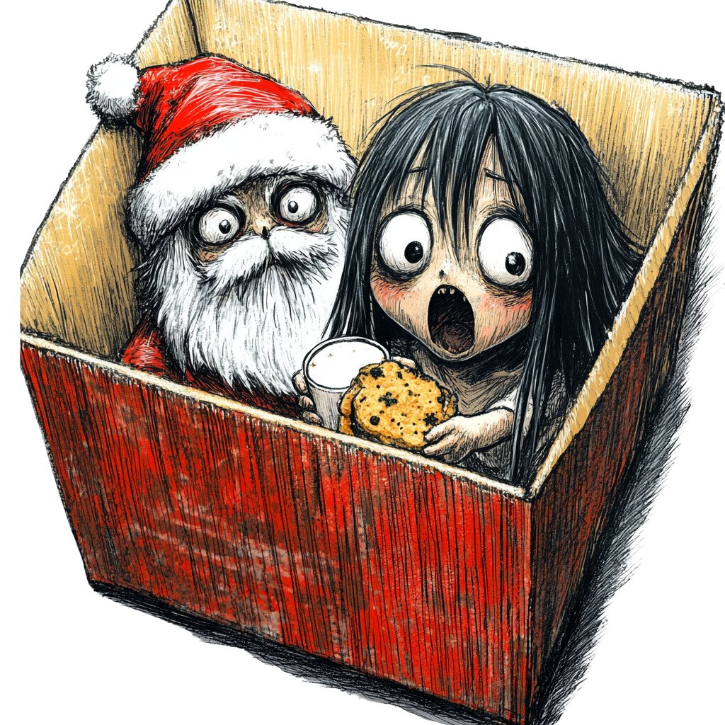 Sadako hiding in a Christmas present after stealing Santa's snacks. Unfortunately, she's not the only one who can fit in tight spaces. Silly Sadako