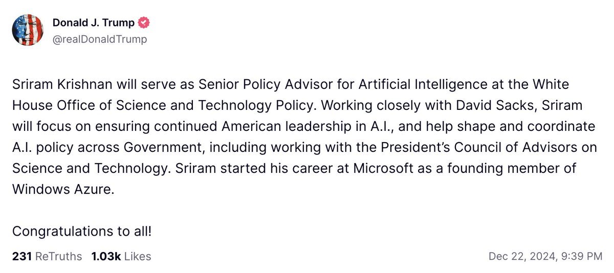Congratulations Sriram <a href="/sriramk/">Sriram Krishnan</a>! This appointment is a 1,000x upgrade for the US government, and puts the US firmly in the driver's seat for AI policy globally. Sriram is the right man for the topic and the time. It's Morning in AImerica! 🔥💪🇺🇸