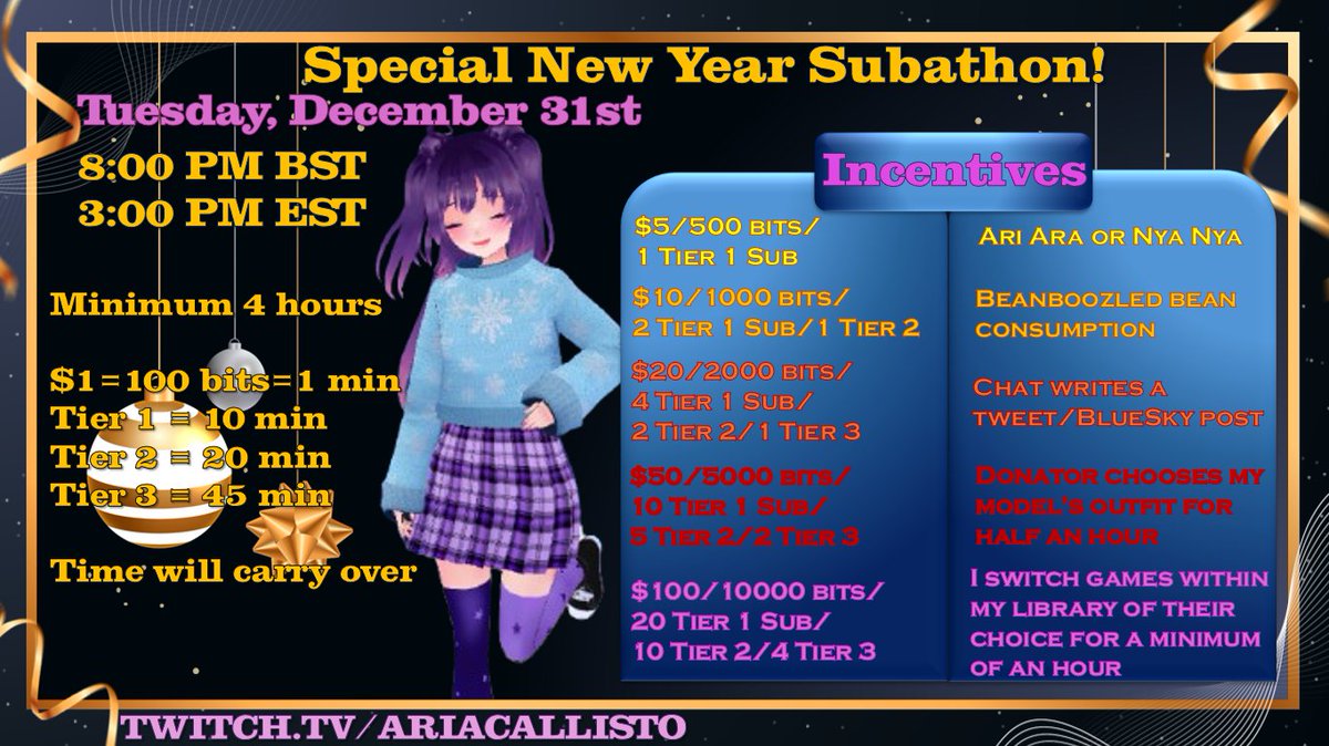 Good timezone, my darling Den~
Let's end off this year with a BANG~
We'll be doing a new year's Subathon! Starting at 8PM GMT, we will be live for 4 hours, to see me through to the new year, let's see if we can make me stay live until y'all pass into 2025~
25 likes to show more~