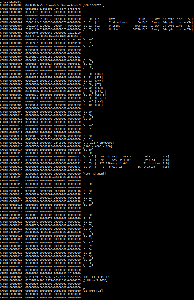 InstLatX64's tweet photo. New #Intel CPUID dumps:
- #ArrowLakeS 265K CPUID C0662 (with correct #LionCove L0D and L1D notation with associativity info, #Skymont)
- #Timna CPUID 692
GitHub:
https://t.co/kK7HTBQCID https://t.co/hc3KsscJOd