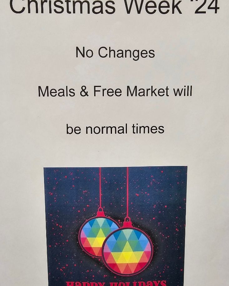 Food at First Christmas week 2024 
No changes. Free Meals &amp; Free Market will be normal times. 

buff.ly/3Pss5jX

#FoodatFirst
#freeMeals
#dotherightthing
#2024dec