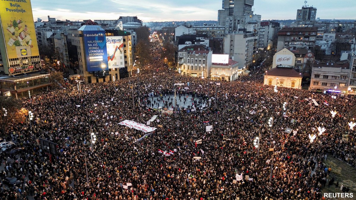 VOANews's tweet photo. 📷: A drone view shows people gathering during a protest against government policies, corruption and the negligence which they blame for the deaths of the victims in the Novi Sad railway station disaster in November, in Belgrade, Serbia, Dec. 22, 2024.

https://t.co/X2K2jiVvyk https://t.co/ix1SjhPWqS