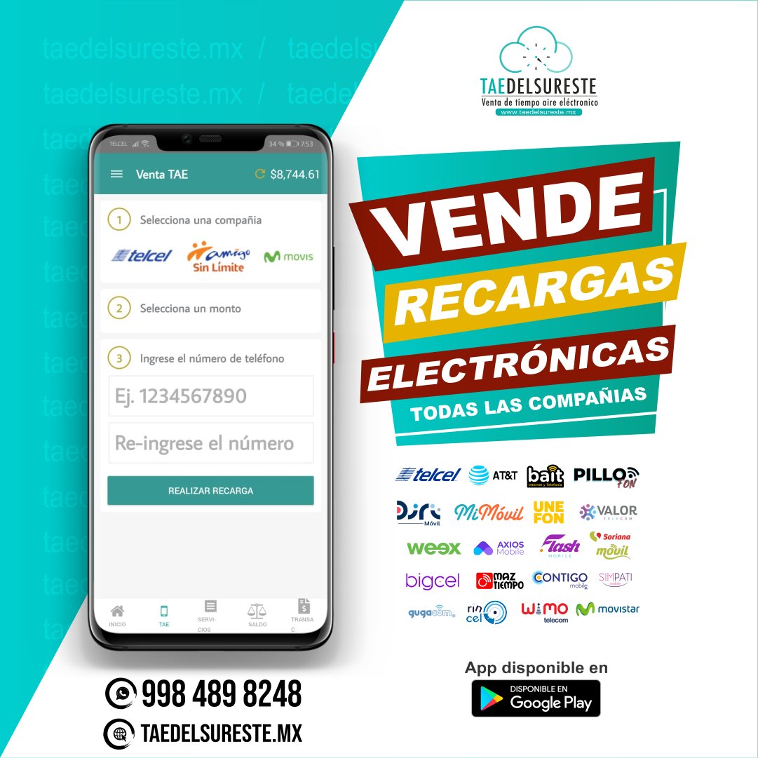 Taedelsurestemx's tweet photo. ‼️𝙃𝘼𝙕 𝘾𝙍𝙀𝘾𝙀𝙍 𝙏𝙐 𝙉𝙀𝙂𝙊𝘾𝙄𝙊‼️
Con @TAEDELSURESTEMX tienes todo en un solo lugar.
❗𝐕𝐞𝐧𝐝𝐞❗ Recargas Electrónicas, Pago de Servicios y Pines Electrónicos...
¡Regístrate dando click aquí!➡ https://t.co/FaAw6Id7Bm  998 789 8248 https://t.co/DPHwS4rlna