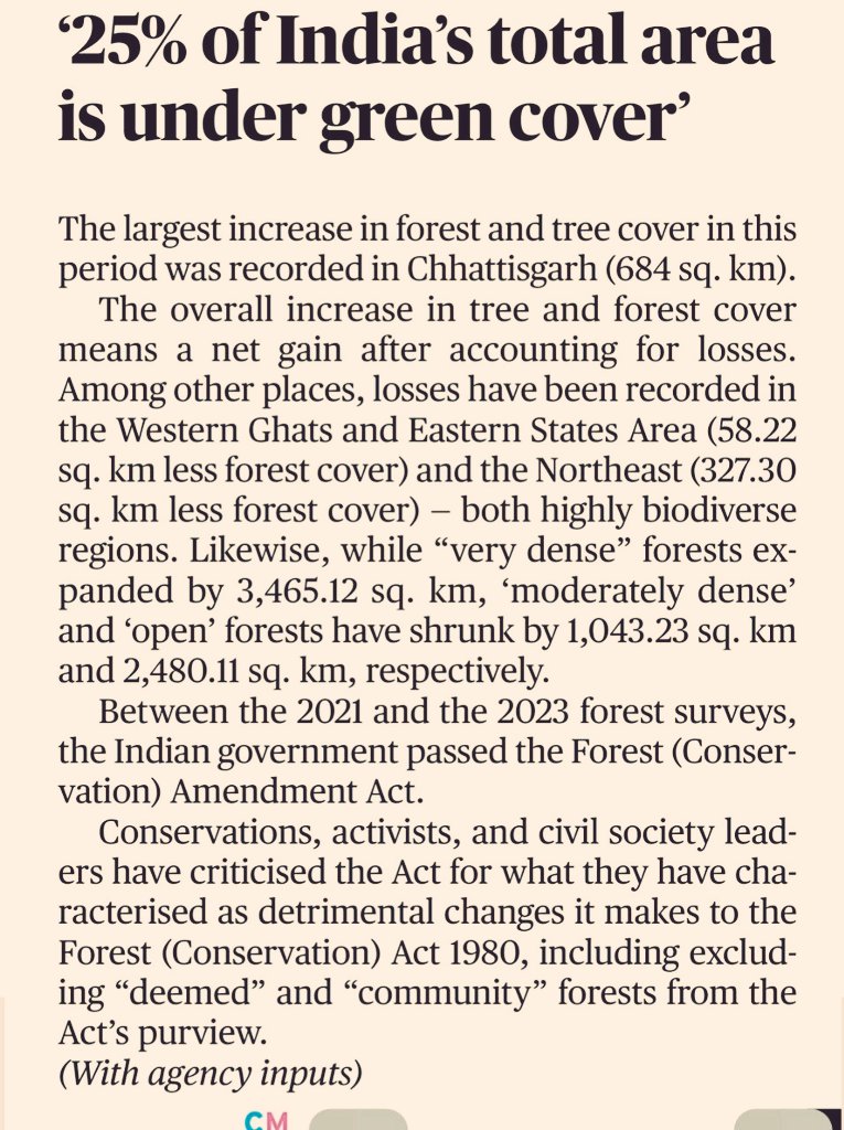 _upsc_focus's tweet image. 25% of India's total area under green cover: Report 
#IndiaStateOfForestReport #ISFR #Environment #PT #ForestCover #interview #UPSC
Source: The Hindu