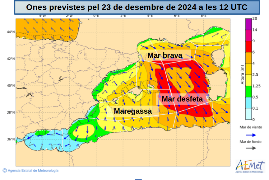 AEMET_Baleares's tweet photo. Fort vent de nord 🌬️ a la #Mediterrània occidental, amb ones previstes d'altura fora del normal: amples zones de mar desfeta entre #Menorca i #Sardenya, amb altura significativa d'ones de 6 a 9 m i màxima que podria superar el 12 m 🌊.
@salvamentogob 
https://t.co/r0T4rE9tyj https://t.co/26bS6OWzmX