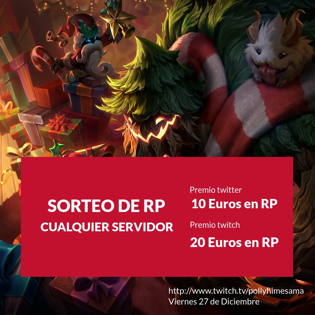 💰SORTEO DE DICIEMBRE💰 

Requisitos (10€):       
- Sigueme en <a href="/princesapolly22/">Polly</a>
- Dar Retwitt a esta publicacion  
- Etiquetar a dos amigos  

Requisitos (20€):

-Seguirme en Twitch
-Mirar el stream + escribir al momento del sorteo

#SORTEO #twitch #Giveaway #LeagueOfLegends