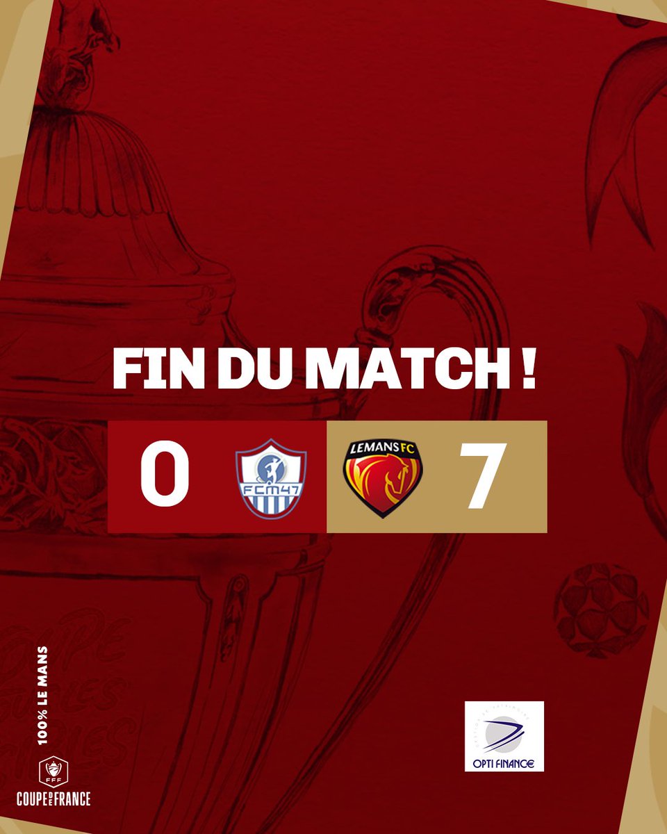 LEMANSFC's tweet photo. #FCMLMFC 0️⃣-7️⃣

⏱️ 90' | C'est fini à Marmande, les Manceaux rejoignent les 16es de finale avec sérieux et respect ! Bravo au FCM47 pour son accueil, bonne deuxième partie de saison 🤞

⚽ Lauray
⚽ Rabillard
⚽ Voyer
⚽⚽⚽ Vula
⚽ Matumona

#CoupeDeFrance #AllezLEMANSFC 🔴🟡 https://t.co/PW69M88j1q