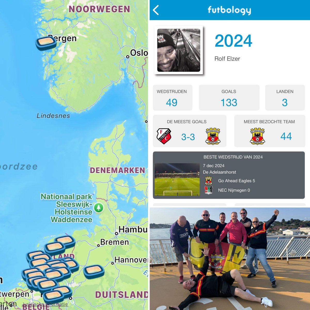 Het jaar 2024 is bijna ten einde, en er zullen wel geen awaydays naar Noorwegen meer bijkomen. Dus blijven we steken op 1. Wel 44x Go Ahead Eagles gezien dit jaar m. 

Fijn feestdagen allen en op naar 2025 ! #kowet #GAE