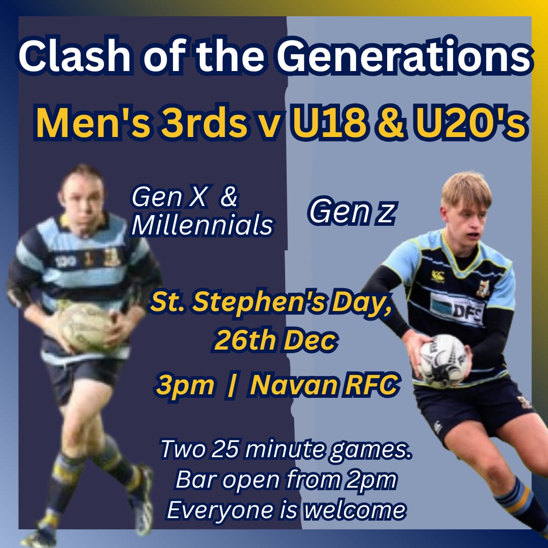 Come to Balreask Old this St.Stephen's Day for a bit of fun watching our Men's 3rd's in a challenge match V's our Men's U18's &amp; U20's, KO 3pm. 
Clubhouse open from 2pm. Everyone is welcome!
#NavanRFC100 #FromTheGroundUp