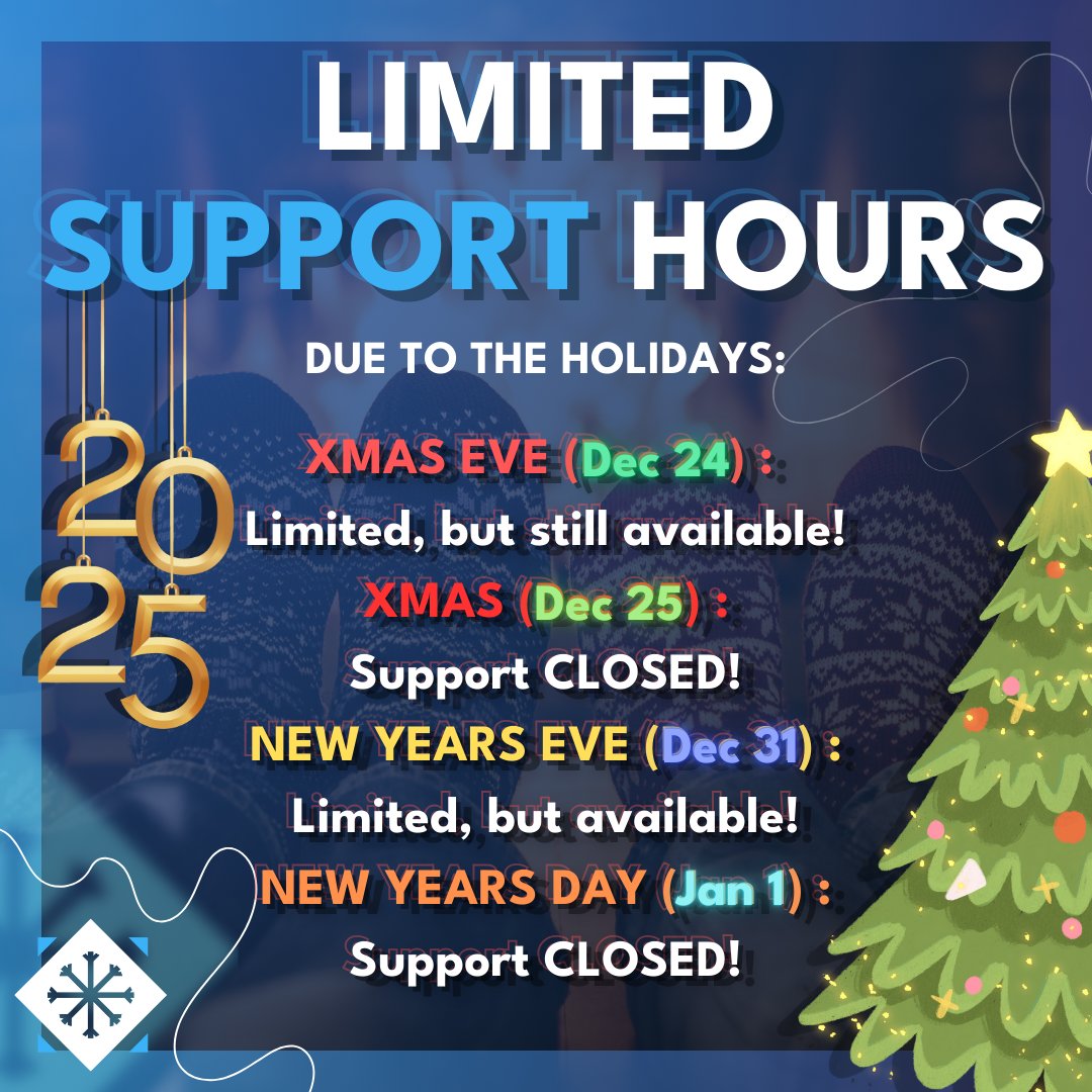 WinterNode's tweet image. 🚨 ALERT: Limited Support Hours due to the Holidays! 🎇
Our support hours will be limited on Christmas Eve (Dec 24) and New Years Eve (Dec 31) and unavailable on Christmas Day (Dec 25) and New Years Day (Jan 1)! ⛔
🔹winternode.com ❄️ #holidayhours #limitedhours #support