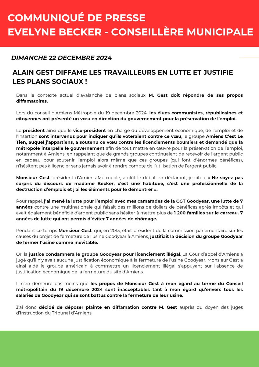 Alain Gest, Président LR d'Amiens Métropole, diffame les travailleurs en lutte et justifie les plans sociaux !

J'ai décidé de déposer une plainte en diffamation pour qu'il réponde de ses propos honteux.