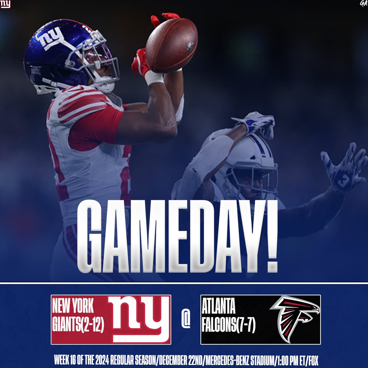 Nygarea1's tweet photo. It’s gameday as the Giants will travel to Atlanta to face the Falcons at 1:00 PM ET on FOX as they’ll start a quick one- game of a road-trip. LET’S GO GIANTS! #AdoreeJackson #Giants100 #nygarea #nygareapregame24 https://t.co/YzFgCas3Nb