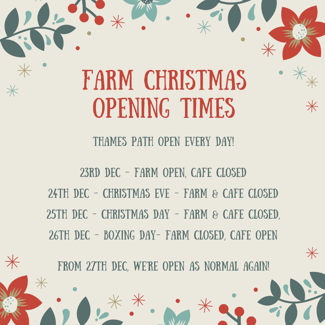 We’re open all year round every day, only closing on 24th, 25th &amp; 26th December. Livestock team will still be on site to care for the animals and we’ll keep the Thames path open for walkers. Call in and see us for last minute present shopping, fresh air and friendly animals!
