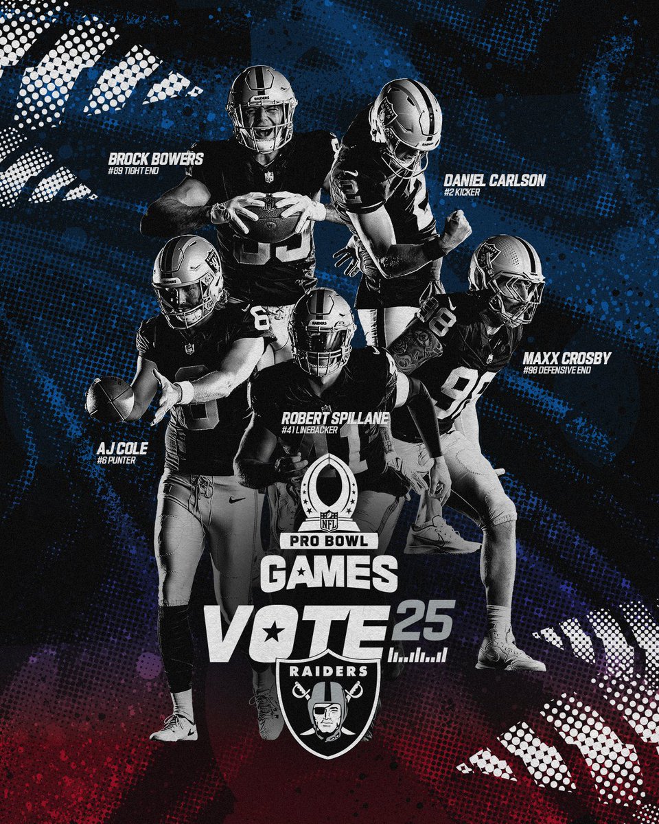 It's a Pro Bowl Games DOUBLE vote day!!

1 REPOST = 2 VOTES

#ProBowlVote + <a href="/brockbowers17/">Brock Bowers</a>
#ProBowlVote + <a href="/DanielCarlson38/">Daniel Carlson</a>
#ProBowlVote + <a href="/CrosbyMaxx/">Maxx Crosby</a>
#ProBowlVote + Robert Spillane
#ProBowlVote + <a href="/AJCole90/">AJ Cole</a>