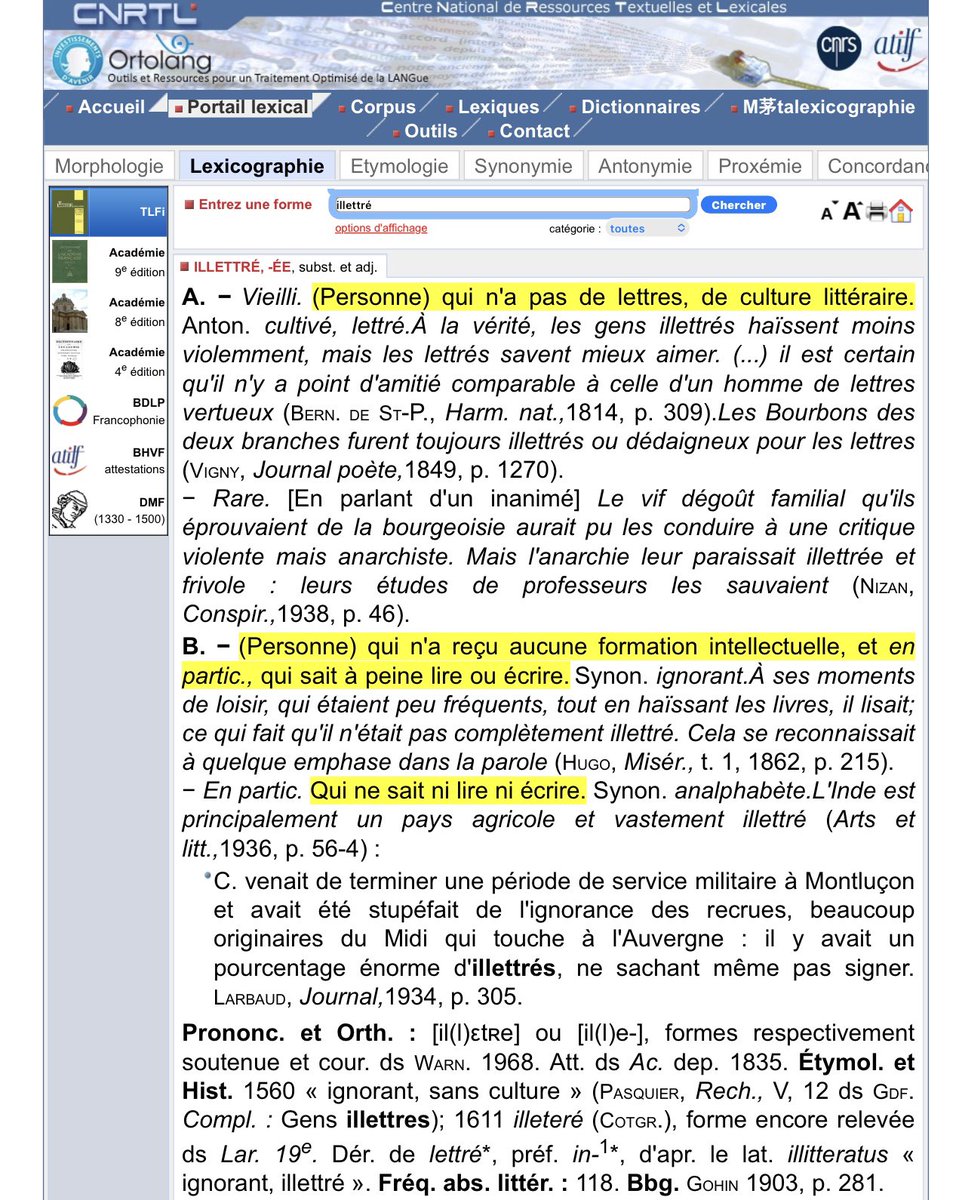 KadaSadouni's tweet photo. Quelques éléments Pour clarifier la situation par rapports aux commentaires ; 

Je suis fier d’être arabe,

Je suis fier d’être avocat,

On ne porte pas de robe dans un commissariat ou une gendarmerie, 

J’avais bien évidemment décliné mon identité à mon arrivée à la gendarmerie (carte professionnelle remise),

J’étais vêtu d’un bas de costume et d’une chemise avec ma mallette, 

Les gendarmes m’ayant pris pour un gardé à vue n’étaient pas présents lors de ma présentation initiale, 

Un gendarme m’a indiqué qu’il « connaissait les gens comme moi » que « nous étions en FRANCE ICI »et que « je n’étais pas chez moi » dans ce pays, que le fait de porter une « chemise » et d’être « avocat » ne changeait rien. 

C’est à ce moment là, après avoir été enfermé, humilié, intimidé par au moins 6 gendarmes que je réplique en disant « vous n’êtes qu’un ILLETTRÉ qui ne connaît même pas la loi de son pays, que j’étais citoyen français ET fier d’être arabe et que je ne devais en aucun cas en tant qu’avocat en exercice subir ses opinions politiques et idéologiques » 

Voici « l’outrage à personne dépositaires de l’autorité publique »

Vous apprécierez….

Voici la définition du CNRTL d’illettré qui à mon sens défini parfaitement ce gendarme manquant de culture littéraire.  

Ps : les racistes ; on peut être avocat et arabe 🫡