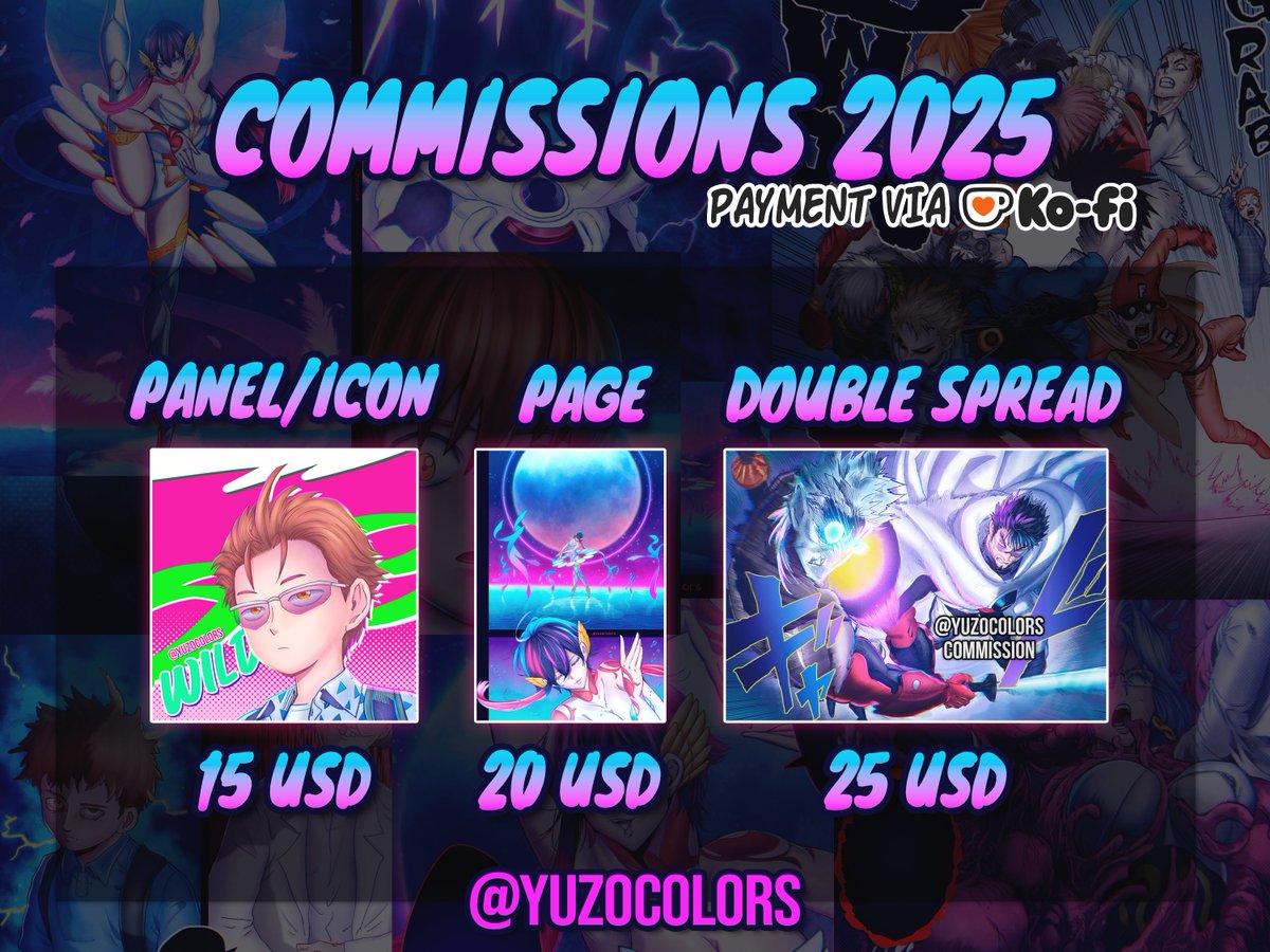 YuzoColors's tweet image. Commissions are open again!
Β»Payment via Ko-Fi.
Β»DM if interesed.
#MangaColoring #OnePunchMan #MajoTaisen #BlackClover #Megaman