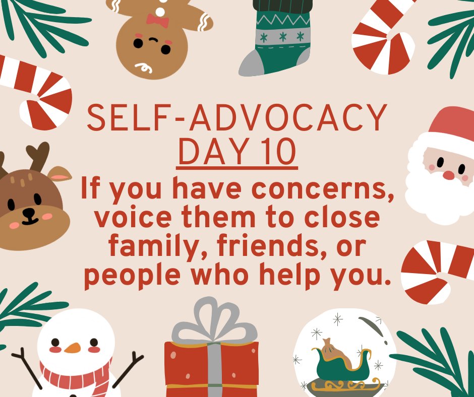 OklahomaYLF's tweet photo. Self-Advocacy Day 8:
Share what you are feeling with close family, friends or even a therapist for support.

Photo is of pine branches, candy canes, stocking, Santa, snowman, sled. gift. and ginger bread man. https://t.co/ozSERfqnVx