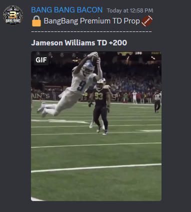 BangBangB0ys's tweet photo. 🔥Who’s doing it like us? 🏈

We’re the BEST at NFL TD props – Jameson Williams TD +200 just hit! ✅

Premium members are EATING. Tap in and join the team! 🏆

➡️https://t.co/egBsuEcSdt⬅️

#NFL #JoeBurrow #Gibbs #Saquon #Bengals #RuleTheJungle #discord #SportsBettingtwitter https://t.co/INmzC7HaF9