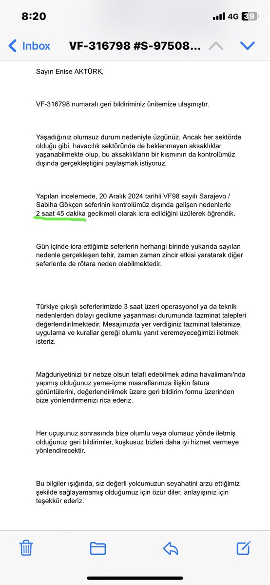 __enise's tweet photo. 20 Aralık 2024 tarihinde SJJ (Saraybosna) - SAW (Sabiha Gökçen) VF98 sayılı uçuşumuzun planlanan kalkış saati 13.35 olmasına rağmen, ilk olarak yaklaşık 35 dakikalık bir rötar bildirimi aldık. Ancak bu süre giderek uzadı ve uçağımızın Saraybosna Uluslararası Havalimanı’na dahi+ https://t.co/R62kh3ytho