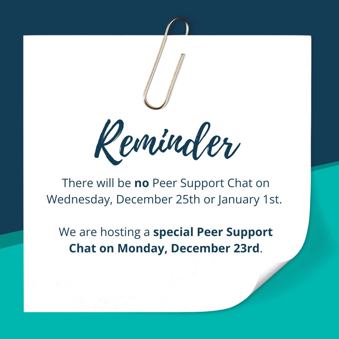 Reminder 🚨 There will be no Peer Support Chat on Wednesday, December 25th, or Wednesday, January 1st. 

Learn more and join chat here: hubs.ly/Q02_t8300

#burnsurvivor #peersupport #support