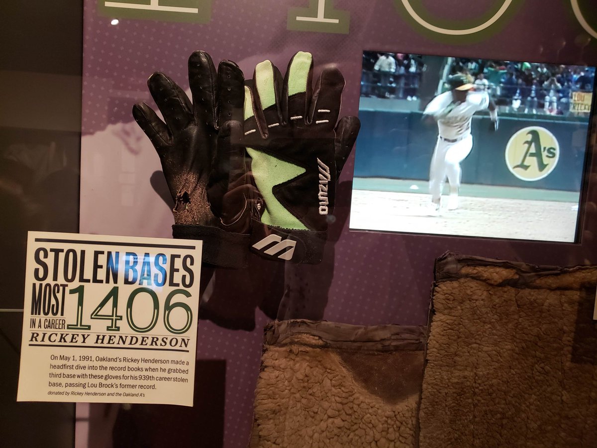 BravesChopLive's tweet photo. On May 1, 1991, Oakland's Rickey Henderson made a headfirst dive into the record books when he grabbed third base with these gloves for his 939th career stolen base, passing Lou Brock's former record.

donated by Rickey Henderson and the Oakland A's https://t.co/SxWZmC9S5k