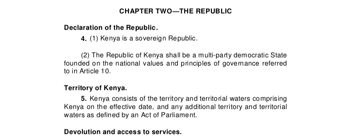 NyoikeOliver's tweet photo. #ConstitutionEveryDay 
Chapter 2: The Republic 
Article 4: Declaration of Republic 
Kenya is a sovereign republic and shall be a multiparty democratic state founded on national values and principles https://t.co/UO71secLWg