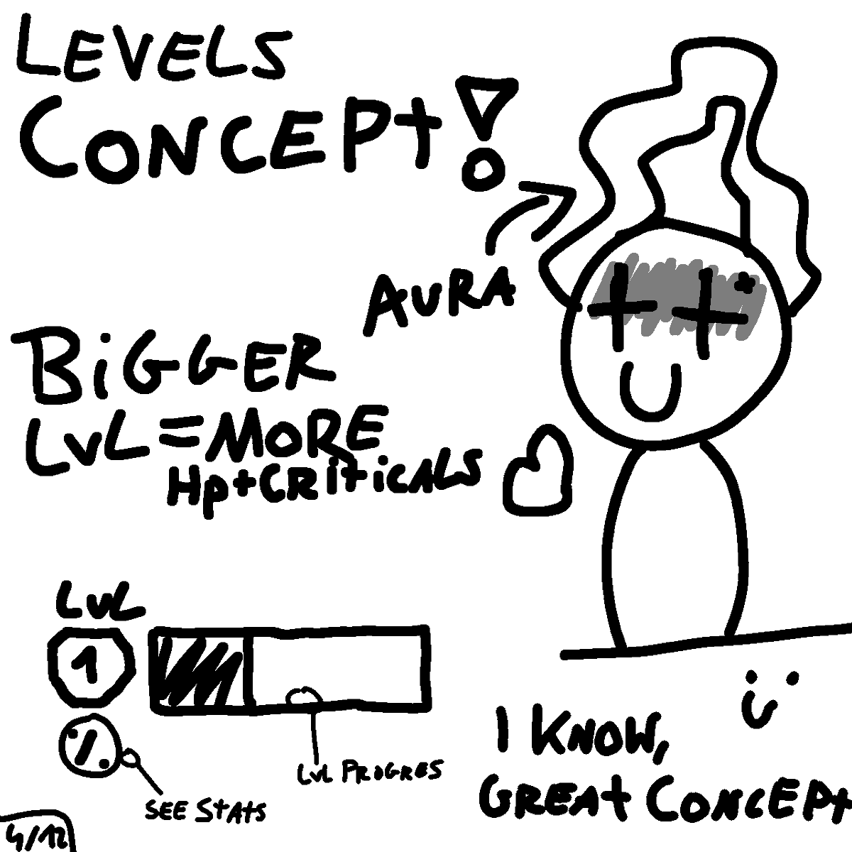 4/12 Levels Concept! ❄️ 
#roblox #robloxdev

Well, this is one of boring ones, in nutshell:
- bigger level you have = more hp and you also get more chances to get critical hit :D