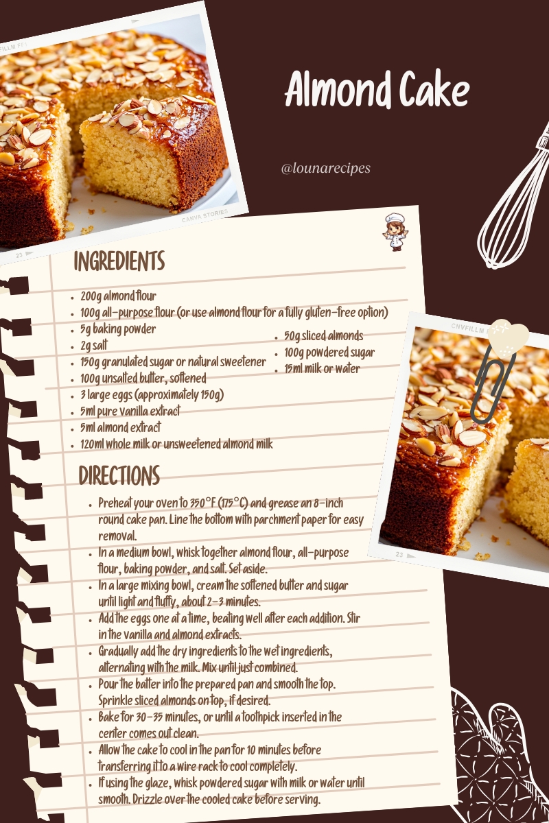 LounaRecipes's tweet photo. Almond Cake

Rich and fluffy, this Almond Cake is a delightful treat with a nutty flavor and perfect texture! https://t.co/jgoW6pHFob