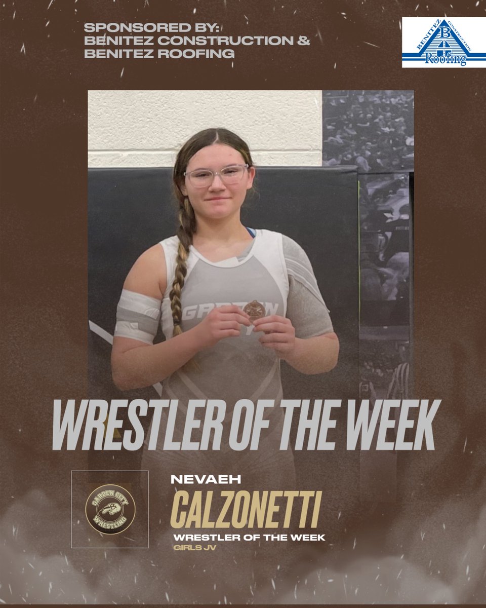 GCHSWrestling's tweet photo. This week's wrestlers of the week:
Varsity Boys: David Holguin
Varsity Girls: Marina Loera
JV Boys: Brandon Moreno
JV Girls: Nevaeh Calzonetti

Thank you to Benitez Construction &amp; Benitez Roofing for your sponsorship!!! https://t.co/uuXmHYOmla