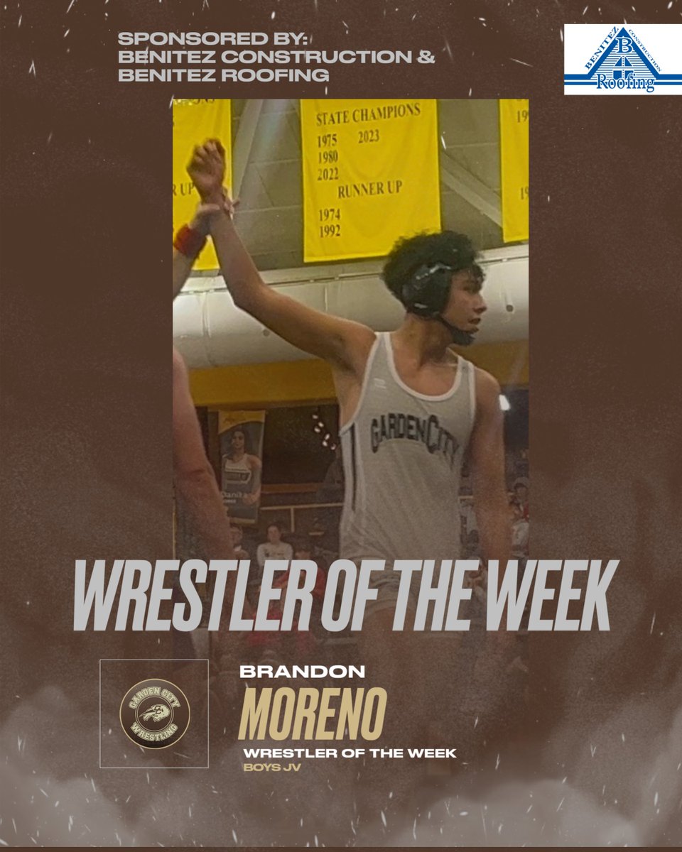 GCHSWrestling's tweet photo. This week's wrestlers of the week:
Varsity Boys: David Holguin
Varsity Girls: Marina Loera
JV Boys: Brandon Moreno
JV Girls: Nevaeh Calzonetti

Thank you to Benitez Construction &amp; Benitez Roofing for your sponsorship!!! https://t.co/uuXmHYOmla