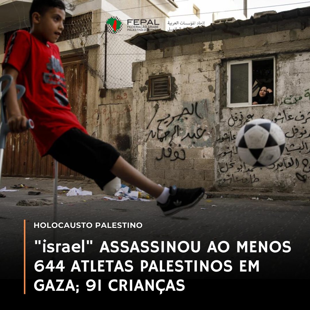 A Associação Palestina de Futebol divulgou que ao menos 644 atletas palestinos foram assassinados por “israel” em Gaza desde outubro de 2023.

Cerca de 400 eram jogadores de futebol. 91 eram crianças.

Nenhuma condenação ou sanção de organizações esportivas, como a FIFA ou o