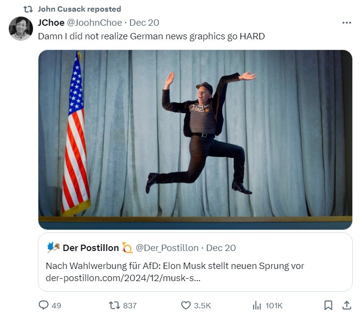 JoohnChoe's tweet photo. I didn't even realize it until a hater pointed it out - John Cusack retweeted something I tweeted, that's why this image is so widespread

Good going folks, you really nailed it with this one, @Der_Postillon https://t.co/Xqz4RRf4Tf