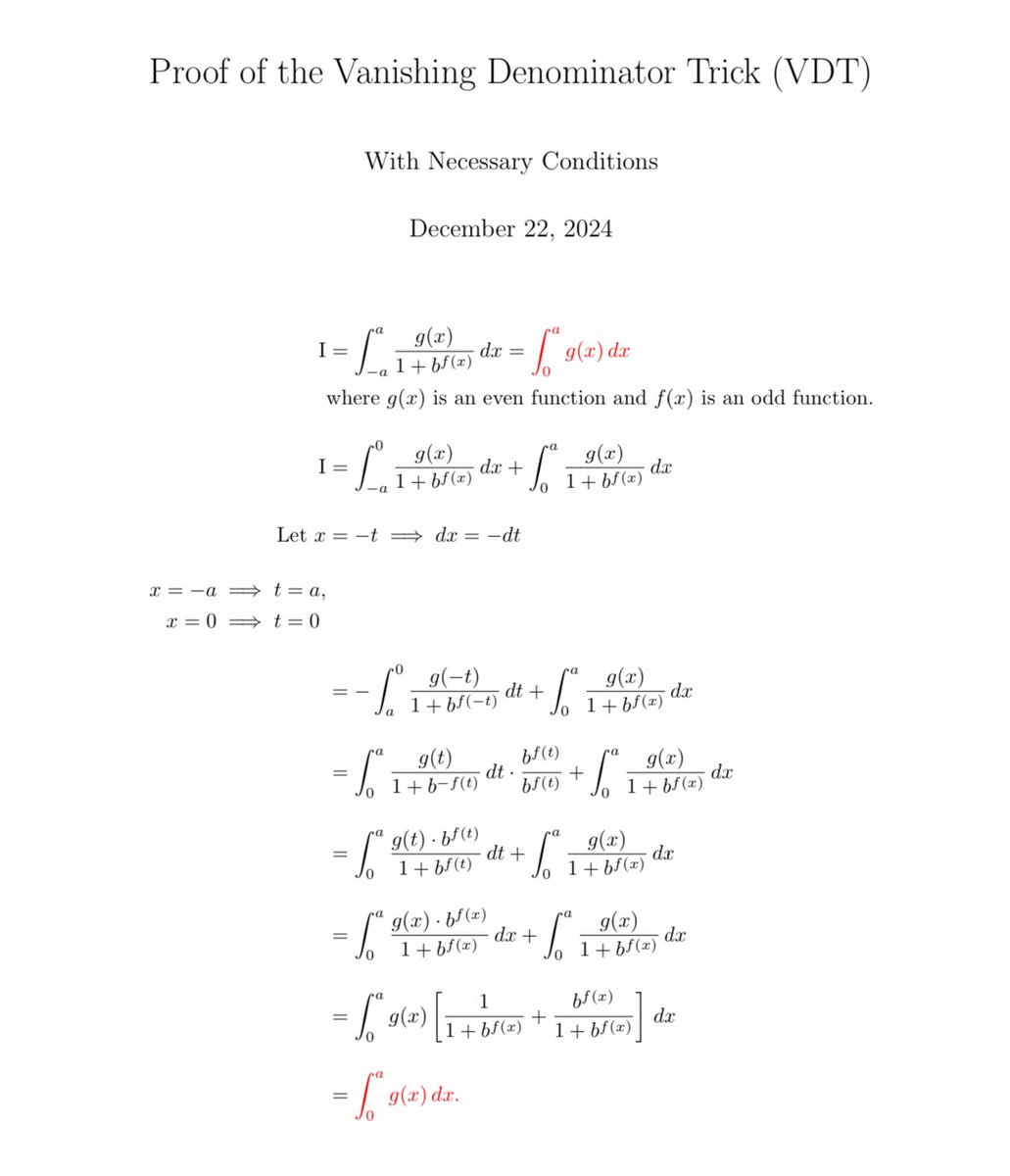 chris_juravich's tweet image. Here’s a detailed proof of one of my favorite integration tricks: the vanishing denominator trick (VDT). Here a and b are real numbers.