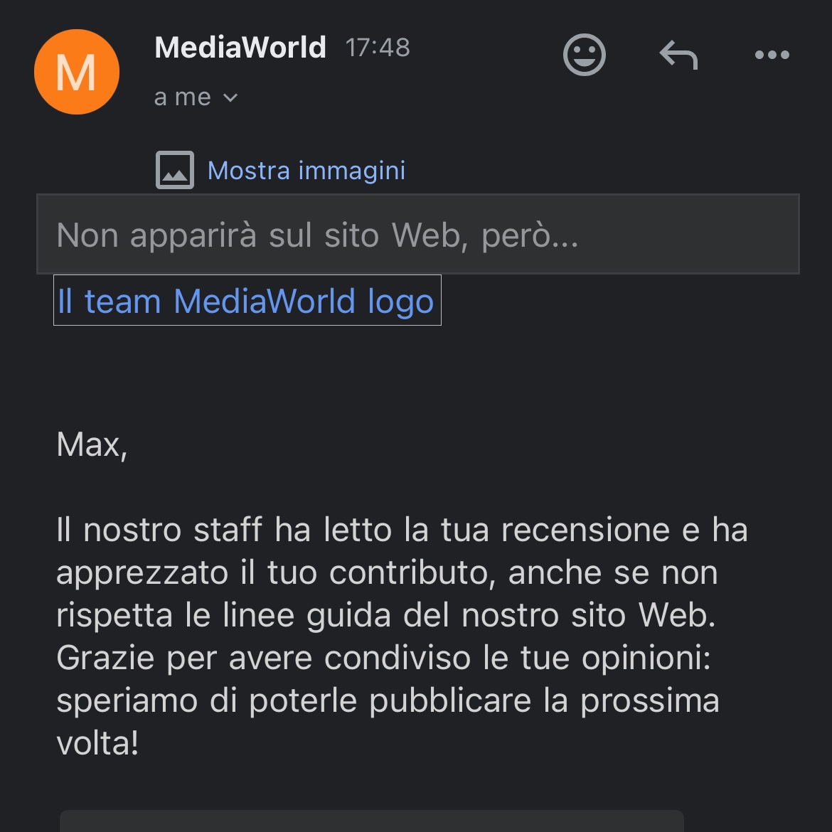 maxbozza's tweet photo. Incredibile come #MediaWorld gestisca le situazioni scomode: un loro errore con il corriere, zero supporto e poi censurano le recensioni negative! Questo è il modo in cui rispondete ai vostri errori? Complimenti, davvero un bel modo di trattare i clienti. Bravi!
#MediaMarkt https://t.co/CpHme019n3