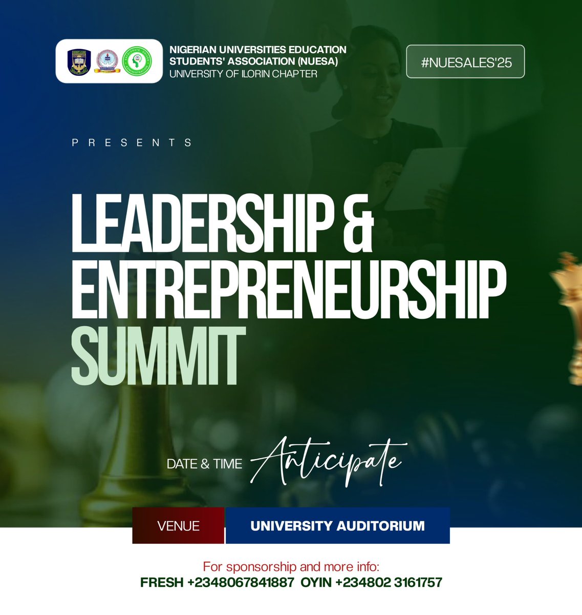 NUESAUPDATE's tweet image. EMPOWERING MINDS, SHAPING FUTURE!

Anticipate NUESA&apos;S first of its kind Leadership and Entrepreneurship Summit’25

FEATURING:
#Lectures
#Pitch your business idea
#Students empowerment 
#Business grant for lucky winners

🐜ICIPATE

#NUESALES’25
#Excelerate-Driven Administration