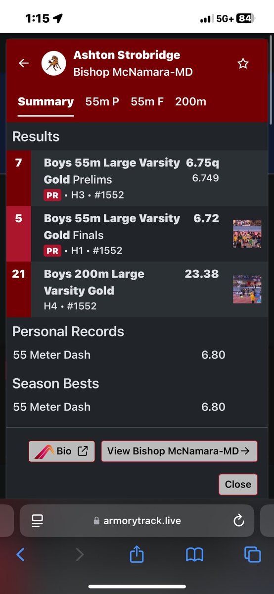 My inaugural indoor track season; 5th in the 55M Finals. New Pr!