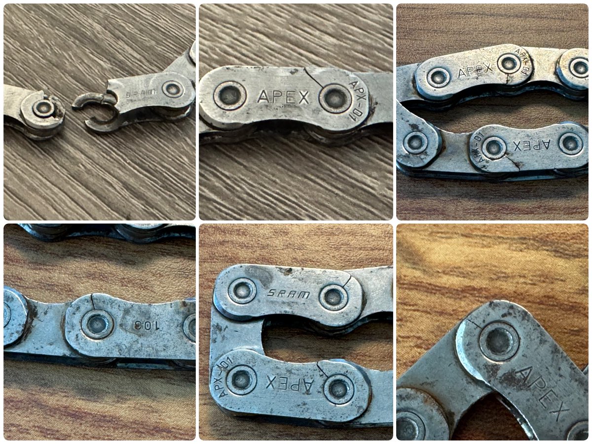 raffg's tweet photo. @SRAMroad Apex chain, ~1500 miles on it, ~3 months old, properly cleaned and lubed throughout its life. Chain broke while gently pedaling at very low speed. Upon inspection, 7 other links in the chain show severe cracks. Manufacturing flaw? https://t.co/M1jidrq8fy