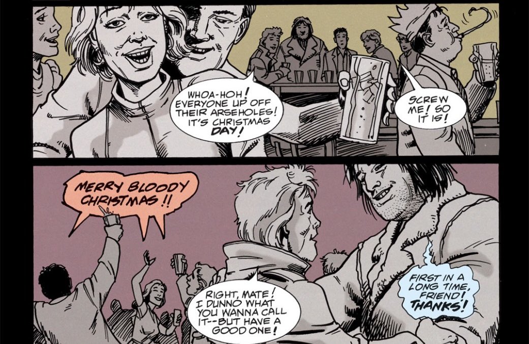 "𝑀𝑒𝓇𝓇𝓎 𝐵𝓁𝑜𝑜𝒹𝓎 𝒞𝒽𝓇𝒾𝓈𝓉𝓂𝒶𝓈 !"

"May your 𝕤𝕡𝕚𝕣𝕚𝕥𝕤 shine brighter than 𝓉𝒽𝑒 𝑜𝓃𝑒𝓈 I'm dealing with. Don't wanna see you lot getting on MY 𝕹𝖆𝖚𝖌𝖍𝖙𝖞 𝕷𝖎𝖘𝖙!"

(From #Hellblazer Volume 1 Issue # 49. 
Written by Garth Ennis. Artwork by Steve Dillon)