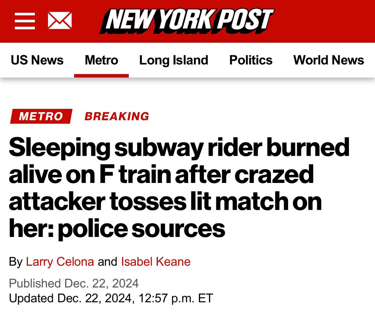 The New York Post doesn’t mention the part about the cop walking past her as she burned alive.