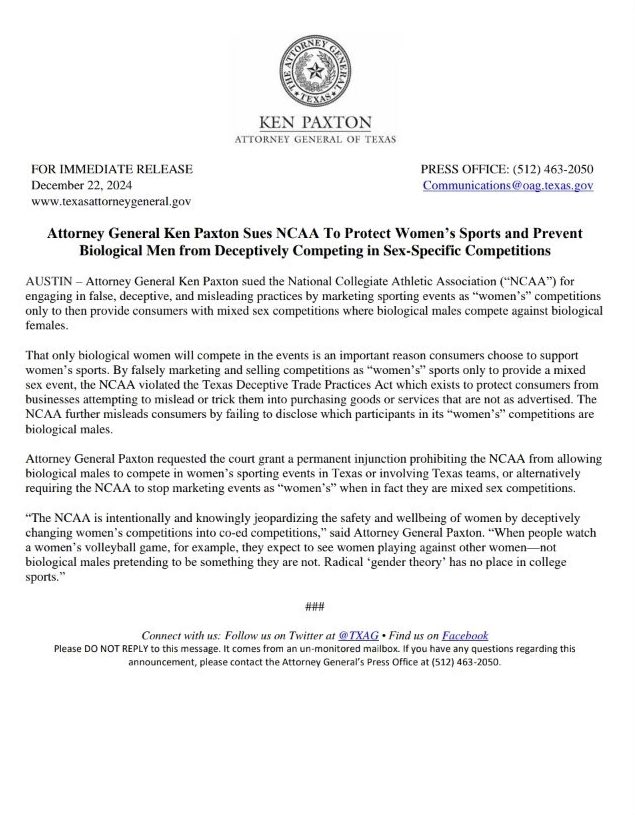 Riley_Gaines_'s tweet image. BREAKING: AG Ken Paxton (TX) is suing @NCAA for "engaging in false, deceptive, and misleading practices by marketing sporting events as "women's" competitions" then allowing men to participate. 

This is AWESOME. Hit them where it hurts👏🏼🔥 I hope more states do the same.