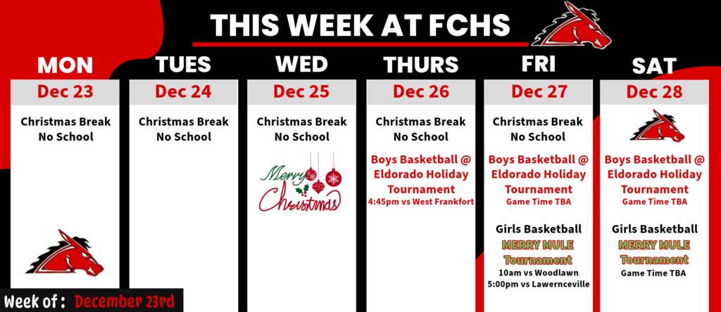 We hope you enjoy the holidays with family and friends! If you are looking for something to do after Christmas, you can catch the boys basketball team in action at Eldorado or the girls basketball team at the Mule Barn!