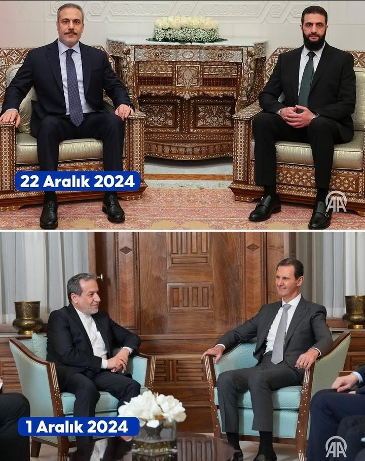 Neshani_tr's tweet photo. خبرگزاری آناتولی با انتشار این تصویر نوشت: پس از سقوط رژیم بعث در سوریه، وزیر امور خارجه ترکیه، هاکان فیدان، در دمشق با رهبر دولت جدید سوریه دیدار کرد. سه هفته پیش، در تاریخ ۱ دسامبر ۲۰۲۴، وزیر امور خارجه ایران، عباس عراقچی، با بشار اسد دیدار کرده بود https://t.co/YvNDZ78EPo