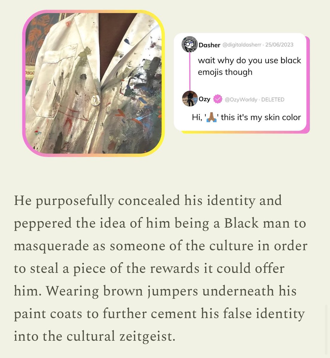 ConRayArt's tweet photo. Found out some more details about this from this substack by Rianah https://t.co/5VHL8es0Ho

I had NO idea about the brown jumpers under his paint jacket 😭 Goddamn. https://t.co/1DSe34Tin3
