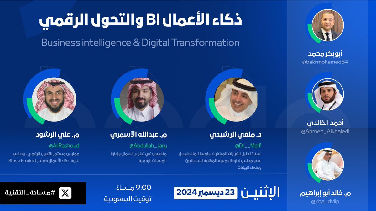 bakrmohamed84's tweet photo. 👋 حياكم 

ذكاء الأعمال BI و التحول الرقمي
Business Intelligence &amp; Digital Transformation

#مساحة_التقنية 
🎙️ أبوبكر محمد 

🗓️ الاثنين 23 ديسمبر 2024
⏱️ الساعة 9:00 م 
📍 توقيت السعودية

🎤 المتحدثون
@Dr__Melfi  @Abdullah_Jary  @AliRashoud 

🌹 مع
@Ahmed_Alkhaledi  @khaliidviip https://t.co/44TXdeuEf5