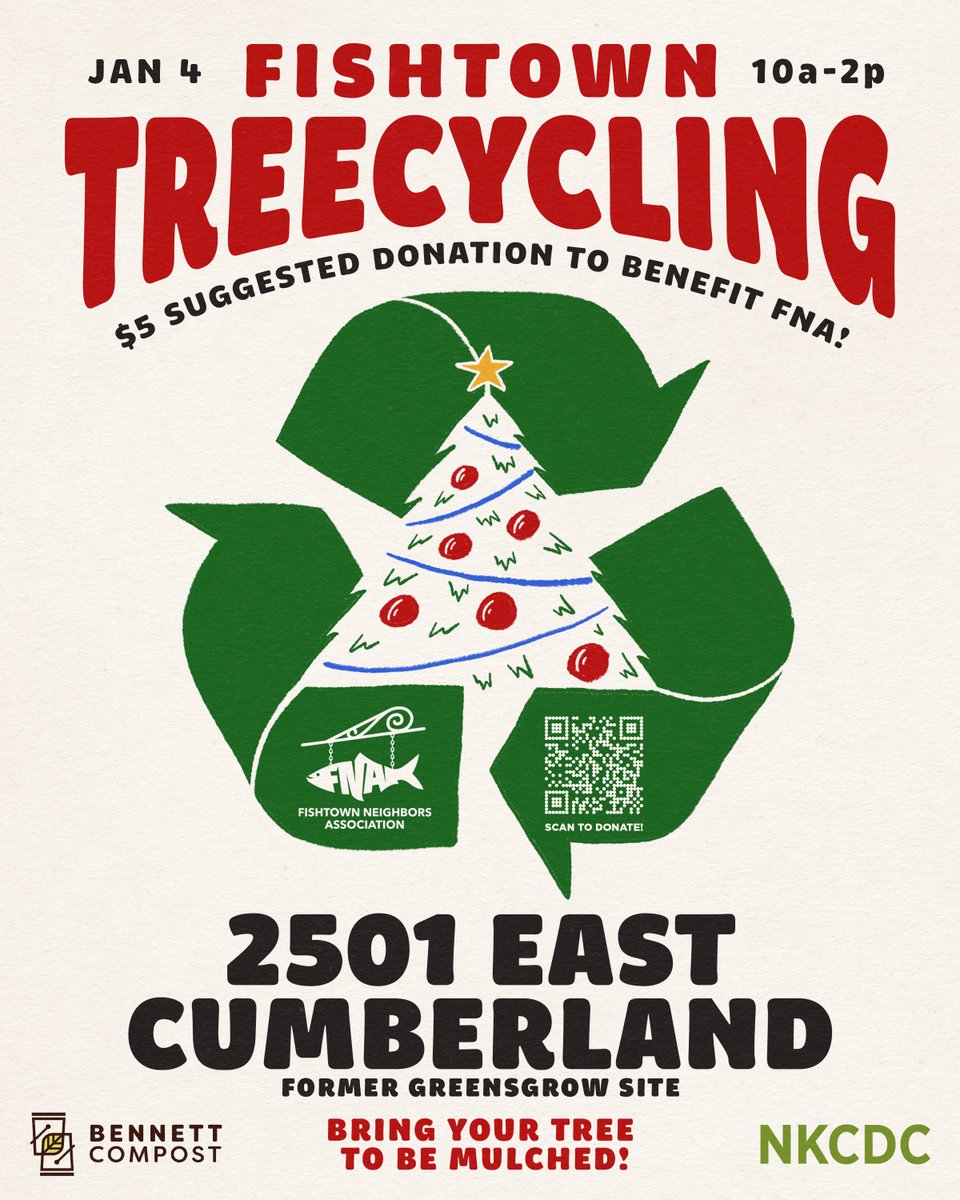 Don’t throw out your Christmas tree, neighbors! Bring it to our neighborhood tree-cycling event:

🗓️Saturday, Jan 4
🕰️10am to 2pm
📍Greensgrow site, 2501 E. Cumberland St
🌲$5 suggested donation

Trees will be turned into mulch and dispersed to local parks and green spaces.